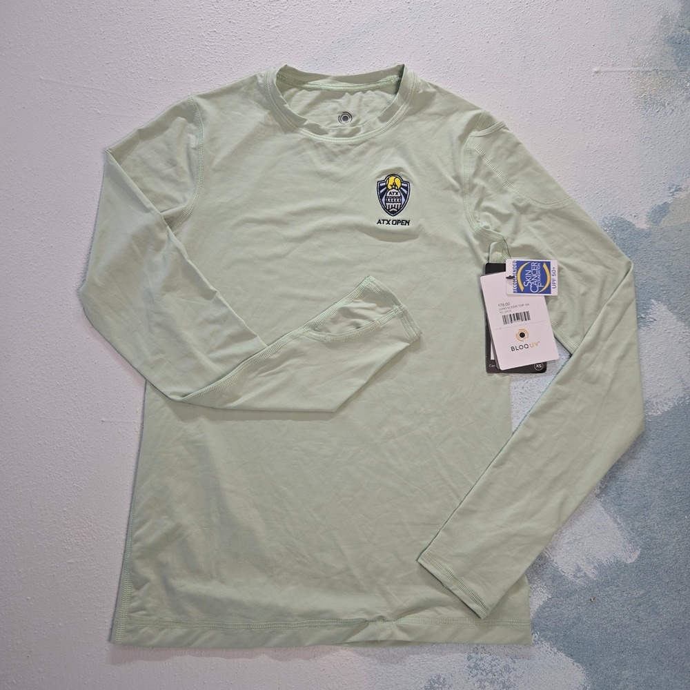 BloqUV‎ Tennis Sun Shirt Womens XS ATX Open L/S UPF 50 Sage BNWT FLAWS MSRP $78